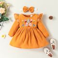 2pcs Baby Girl 100% Cotton Crepe Floral Embroidered Ruffle Long-sleeve Dress with Headband Set Ginger image 1