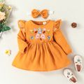 2pcs Baby Girl 100% Cotton Crepe Floral Embroidered Ruffle Long-sleeve Dress with Headband Set Ginger image 3