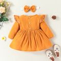 2pcs Baby Girl 100% Cotton Crepe Floral Embroidered Ruffle Long-sleeve Dress with Headband Set Ginger image 2