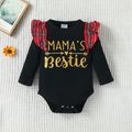 3pcs Baby Girl 100% Cotton Ripped Denim Skirt and Letter Print Red Plaid Ruffle Trim Long-sleeve Ribbed Romper with Headband Set Multi-color image 3