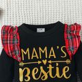 3pcs Baby Girl 100% Cotton Ripped Denim Skirt and Letter Print Red Plaid Ruffle Trim Long-sleeve Ribbed Romper with Headband Set Multi-color image 4