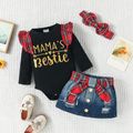 3pcs Baby Girl 100% Cotton Ripped Denim Skirt and Letter Print Red Plaid Ruffle Trim Long-sleeve Ribbed Romper with Headband Set Multi-color image 1