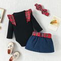 3pcs Baby Girl 100% Cotton Ripped Denim Skirt and Letter Print Red Plaid Ruffle Trim Long-sleeve Ribbed Romper with Headband Set Multi-color image 2