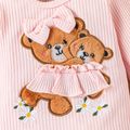 2pcs Baby Girl 95% Cotton Ribbed Long-sleeve Bear Embroidered Romper and Floral Print Bow Front Pants Set Pink image 4