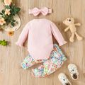 2pcs Baby Girl 95% Cotton Ribbed Long-sleeve Bear Embroidered Romper and Floral Print Bow Front Pants Set Pink image 2