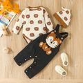 3pcs Baby Boy Allover Tiger Print Long-sleeve Romper and Corduroy Overalls with Hat Set Multi-color image 1