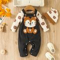 3pcs Baby Boy Allover Tiger Print Long-sleeve Romper and Corduroy Overalls with Hat Set Multi-color image 2