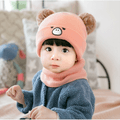 Baby Cute Pattern Pom Pom Decor Beanie Hat & Infinity Scarf Pink image 1