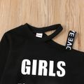 2-piece Kid Girl Letter Print One Shoulder Strap Sweatshirt and Leopard Pants Set Black
