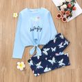 2-piece Kid Girl Butterfly Letter Print Tie Knot Long-sleeve Tee and Leggings Set Blue image 1