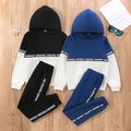 2pcs Kid Boy Letter Print Colorblock Hoodie Sweatshirt and Pants Set/ Bomber Jacket Blue image 1