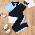 Pretty Kid Boy Color-block Polo Collar Casual Set Blue