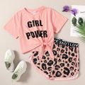 Pretty Kid Girl Sporty Letter Bowknot Leopard Print 2-piece Casual Set Pink