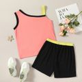 Pretty Kid Girl 2-piece Sleeveless Letter Print Color block Shorts Suits Coral