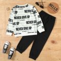 2-piece Kid Boy Striped Letter Print Long-sleeve Top and Elasticized Sporty Set Black/White