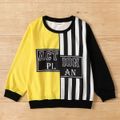 2-piece Kid Boy Letter Print Striped Colorblock Long-sleeve Top and Elasticized Black Joggers Pants Set Yellow