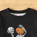 2-piece Kid Boy Halloween Pumpkin Skeleton Print Long-sleeve Black Tee and Pants Set Black