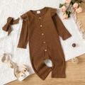 2pcs Baby Girl Solid Ruffle Long-sleeve Button Down Cotton Ribbed Jumpsuit Set Brown image 1