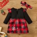 Christmas 2pcs Baby Girl Snowflake Print Red Plaid Splicing Long-sleeve Bowknot Dress Set Black