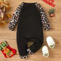Christmas Tree and Letter Print Baby Girl Black Splicing Leopard Long-sleeve Jumpsuit Black