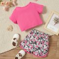 2pcs Baby Girl Letter Print Self-tie Short-sleeve Crop Top and All Over Print Shorts Set Pink