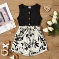 Kid Girl Floral Print Splice Button Design Belted Sleeveless Rompers Black
