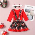Christmas 3pcs Baby Letter and Tree Print Red Ruffle Long-sleeve Romper and Suspender Skirt Set Red