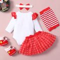 Baby 4pcs Christmas Letter Long-sleeve Romper and Red Plaid Mesh Skirts Set White image 2