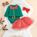 3-piece Baby Girl Christmas Colorblock Belt Button Print Long-sleeve Romper, Plaid Mesh Skirt and Headband Set Green