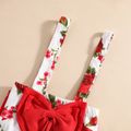 3pcs Baby Girl Red Ribbed Long-sleeve Romper and Floral Print Bowknot Suspender Shorts Set Red