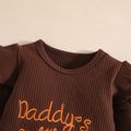 4pcs Baby Girl Letter Embroidered Brown Ribbed Long-sleeve Romper and Layered Mesh Tutu Skirt Set Brown