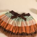 4pcs Baby Girl Letter Embroidered Brown Ribbed Long-sleeve Romper and Layered Mesh Tutu Skirt Set Brown
