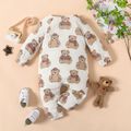 100% Cotton Baby Boy/Girl All Over Cartoon Bear Print White Crepe Long-sleeve Jumpsuit White