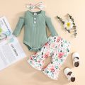 3pcs Baby Girl Green Ribbed Cold Shoulder Long-sleeve Romper and Floral Print Bell Bottom Pants Set Green