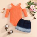 2pcs Baby Girl Solid Ribbed Halter Neck Cold Shoulder Long-sleeve Romper and Ombre Denim Skirt Set Orange
