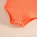 2pcs Baby Girl Solid Ribbed Halter Neck Cold Shoulder Long-sleeve Romper and Ombre Denim Skirt Set Orange
