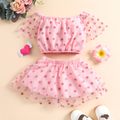2pcs Baby Girl All Over Pink Polka Dots Off Shoulder Mesh Short-sleeve Crop Top and Skirt Set Pink