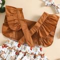 2pcs Baby Girl Letter Embroidered Brown Splicing Animal Print Layered Ruffle Romper with Headband Set Brown