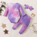 3pcs Baby Tie Dye Cotton Ribbed Long-sleeve Romper and Bowknot Trousers Set Light Purple