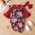 3pcs Baby Girl Solid Ribbed Ruffle Bell Sleeve Romper and Floral Print Overalls Set Burgundy