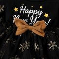New Year 2pcs Baby Girl Letter Print Black Splicing Glitter Snowflake Mesh Long-sleeve Romper Party Dress Set Black