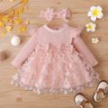 2pcs Baby Girl 95% Cotton Ribbed Long-sleeve Splicing 3D Butterfly Appliques Mesh Dress with Headband Set Light Pink image 1