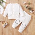 2pcs Baby Girl Solid Waffle Knit Button Long-sleeve Top and Trousers Set White image 1