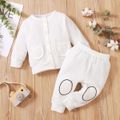 2pcs Baby Girl Solid Waffle Knit Button Long-sleeve Top and Trousers Set White image 2