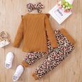 3-piece Toddler Girl Ruffled Long-sleeve Ribbed Brown Top, Leopard Print Pants and Headband Set Brown