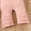 2pcs Baby Girl Love Heart and Letter Print Layered Ruffle Ribbed Long-sleeve Jumpsuit with Headband Set Pink