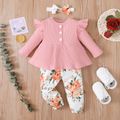 3pcs Baby Girl Solid Ribbed Button Down Long-sleeve Top and Floral Print Trousers Set Pink