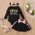 3pcs Baby Girl Love Heart Letter Print Colorblock Ribbed Long-sleeve Romper with Bowknot Skirt and Headband Set Black