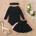 3pcs Baby Girl Love Heart Letter Print Colorblock Ribbed Long-sleeve Romper with Bowknot Skirt and Headband Set Black