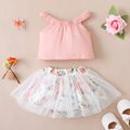 2pcs Baby Girl 95% Cotton Sleeveless Halter Neck Top and Floral Print Mesh Skirted Shorts Set Pink